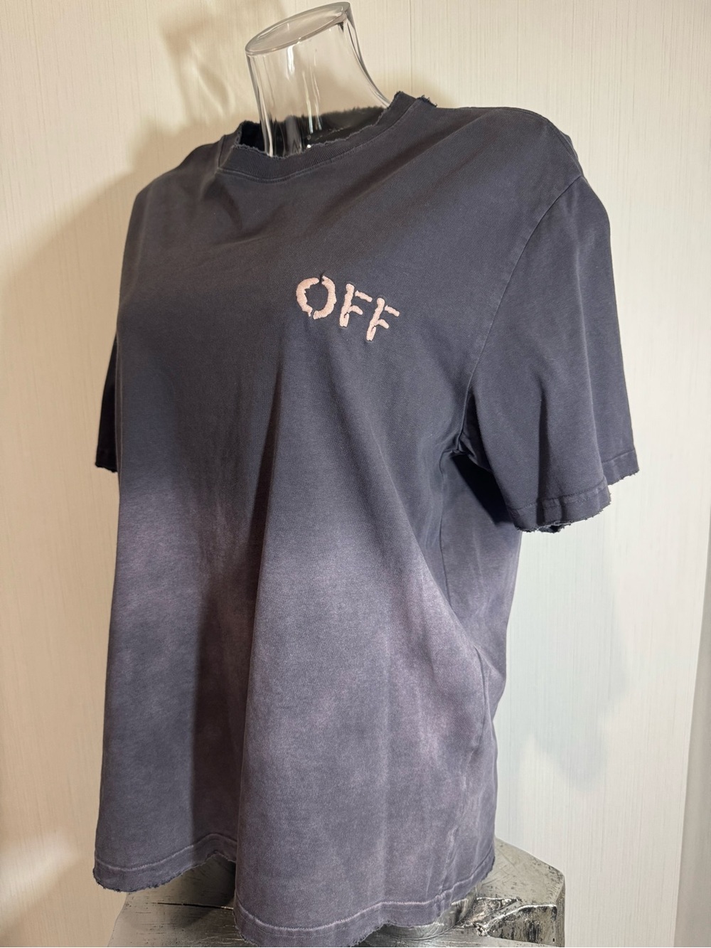 Off White Look Tee. Distressing throughout. 24” Across. 30” Long.